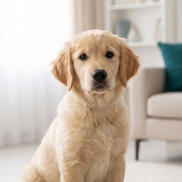 Golden retriever puppy settling in at home