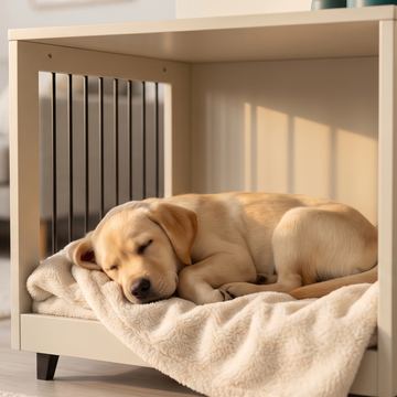 Puppy sleeping peacefully in a cozy crate