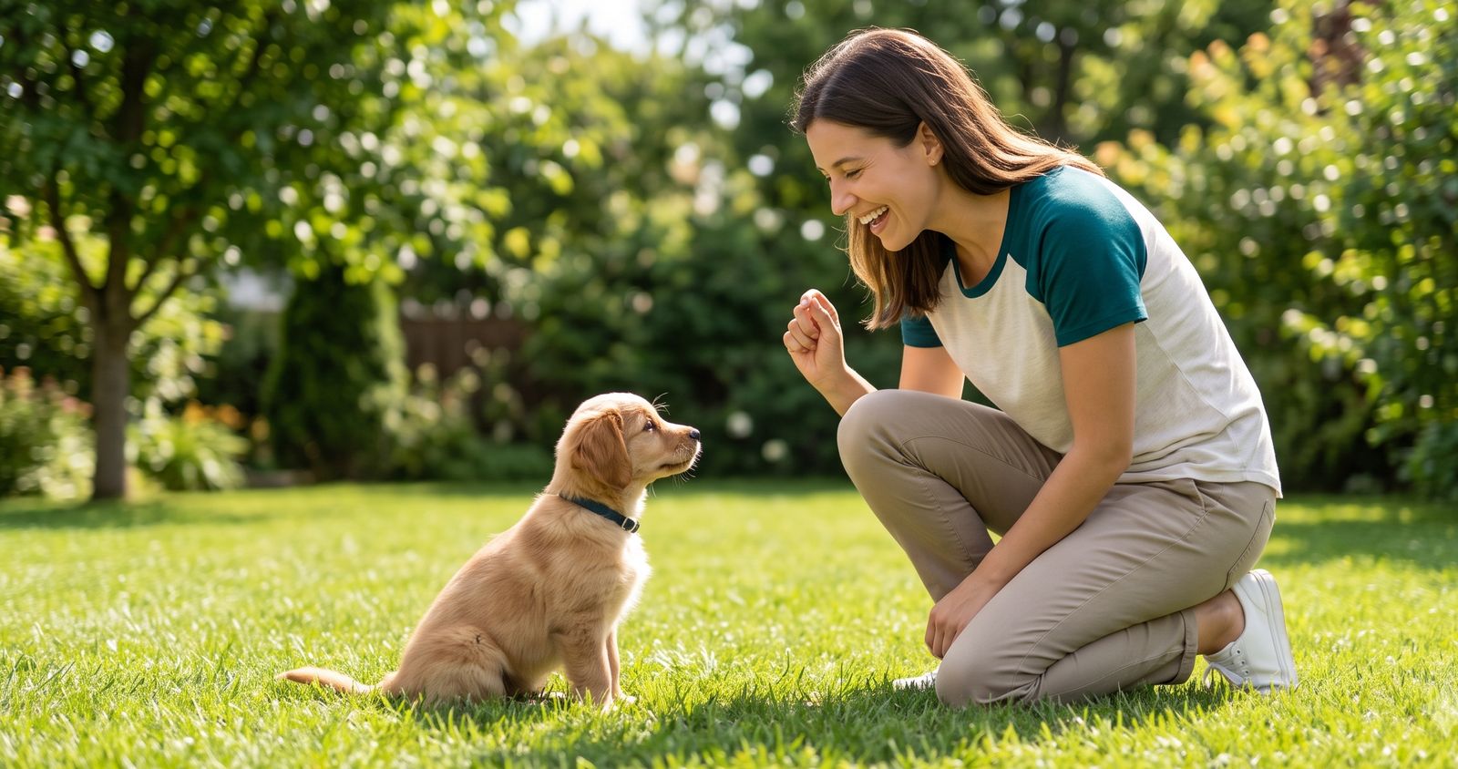 Owner rewarding a puppy during an outdoor training session