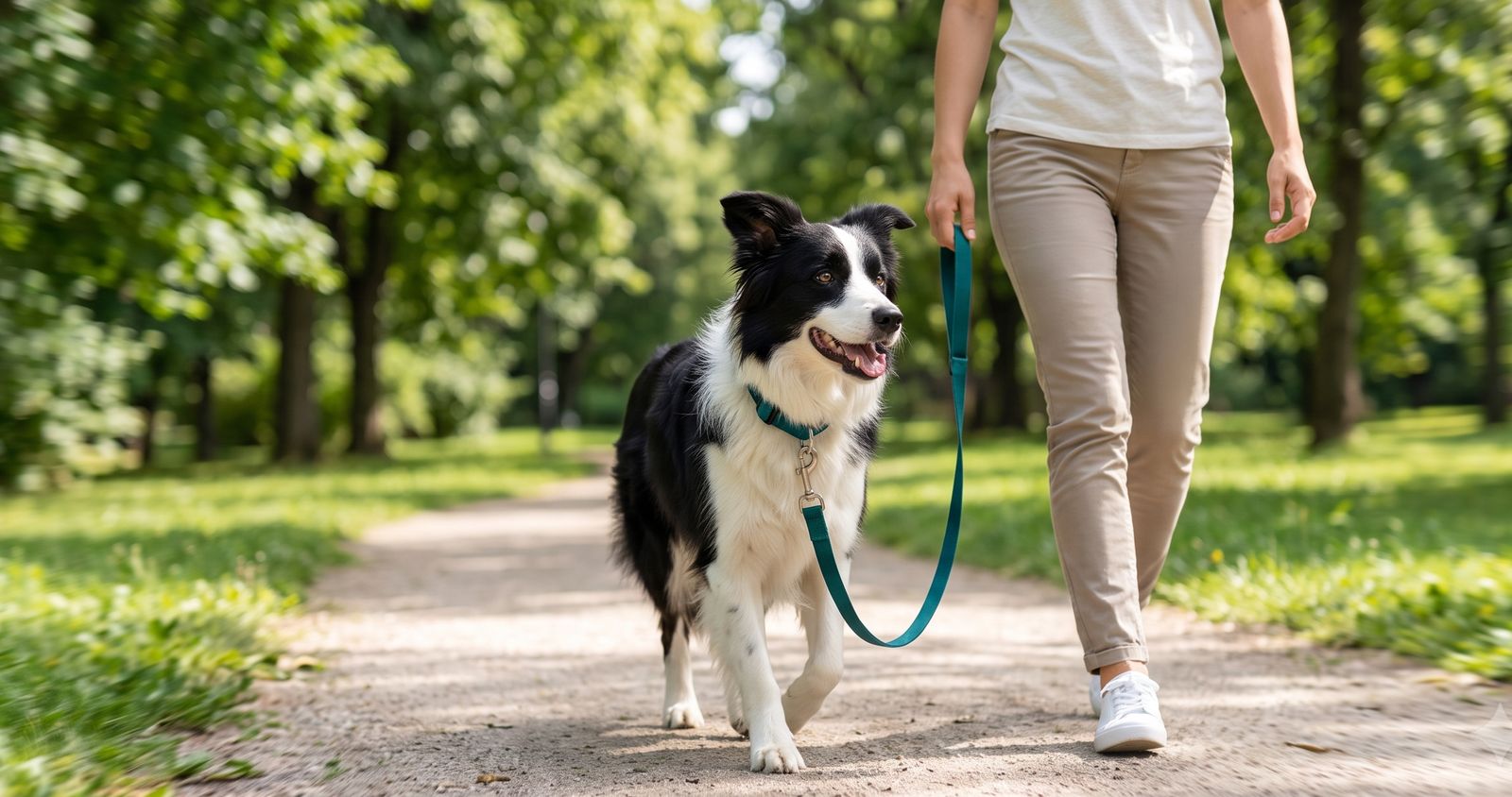 Dog walking on a loose leash beside its owner in a park