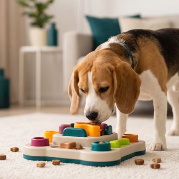 Beagle solving a treat puzzle feeder