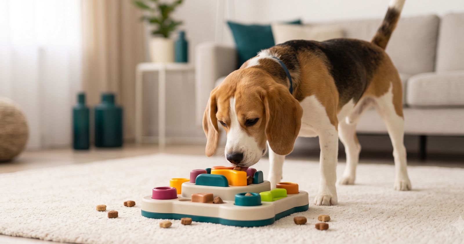 Beagle solving a treat puzzle feeder