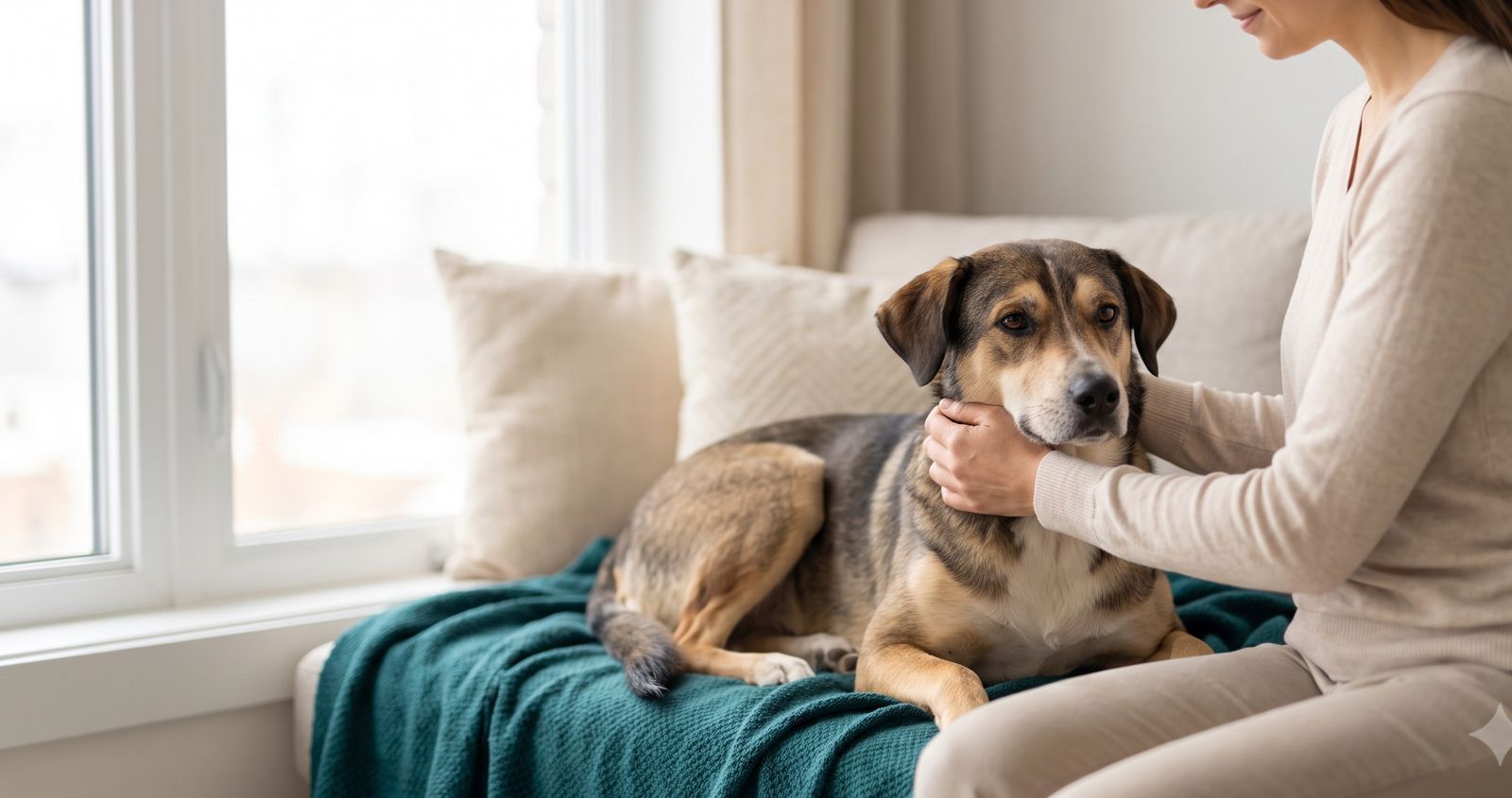Calm dog relaxing on the couch with its owner