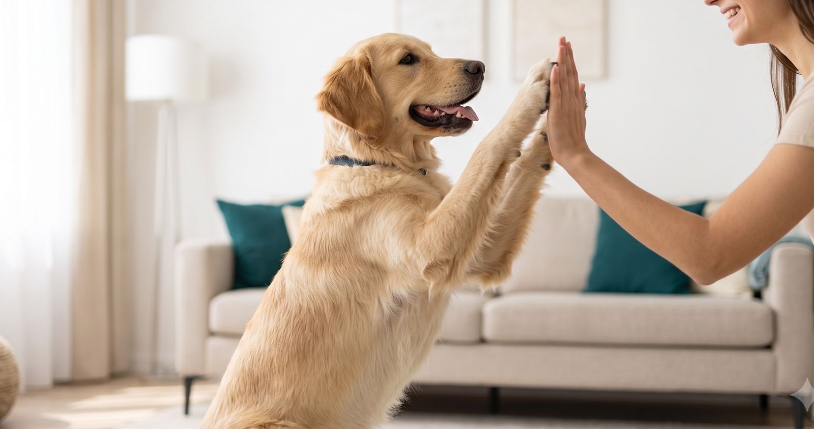 Golden retriever giving its owner a high five